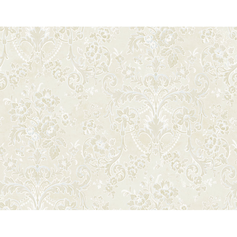 Papier peint damassé bleu marine Vivienne Seabrook Designs, Crème au beurre métallique / fumée bleue