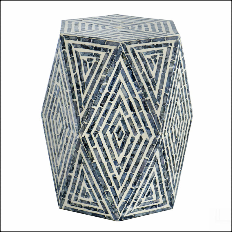 16 x 14 x 18 po, tabourets de jardin hexagonaux, table d'appoint unique Capiz, noir / blanc