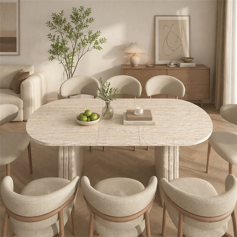 Table de salle à manger extensible pour 4 à 8 personnes, table de cuisine ovale avec base en bois pour le salon familial