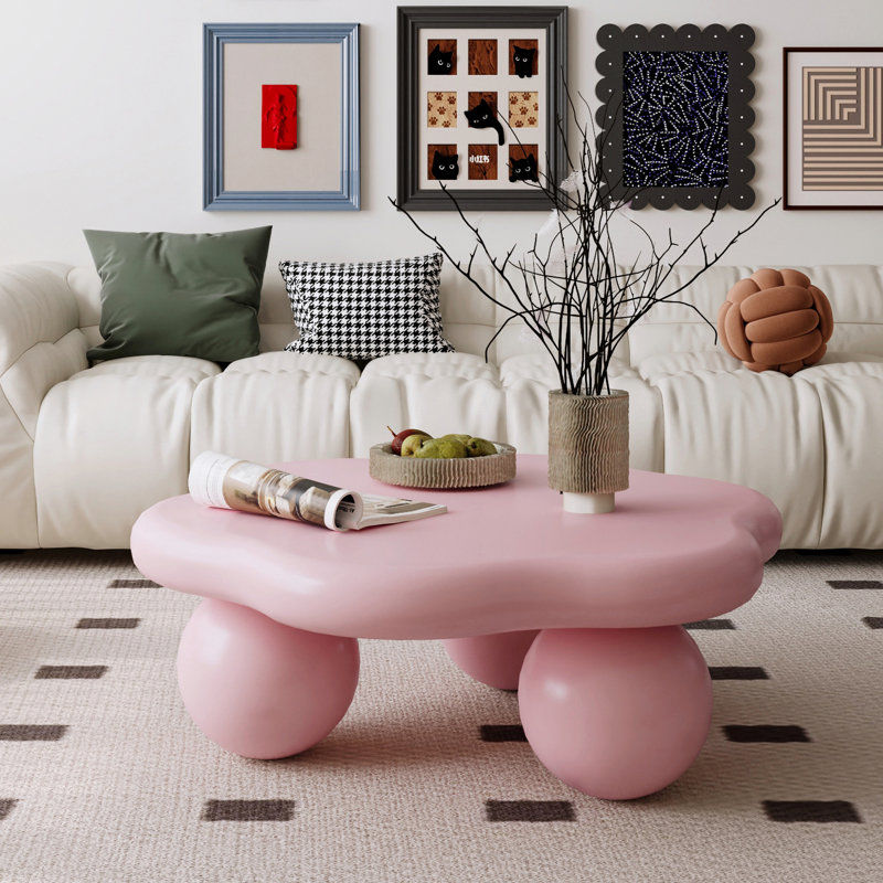 Table basse de 35 po en forme de nuage rose, table basse minimaliste moderne en forme de pétale avec pieds sphériques, table de salon Macaron rose pour enfants et animaux de compagnie compacte pour petit appartement, rose