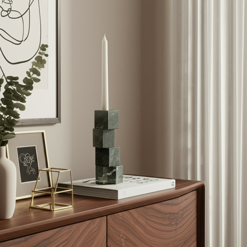 Modern Geometric Stacked Marble Taper Candle Holder - Contemporary Stone Decorative Accent for Home Decor and Tabletop Styling.