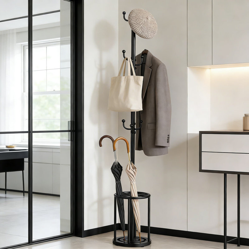 Freestanding Coat Rack With Umbrella Holder, 12-Hook Standing Hat And Coat Tree For Entryway, Office, Bedroom, Heavy Duty Metal Clothes Hanger Stand For Jackets, Bags, And Umbrellas