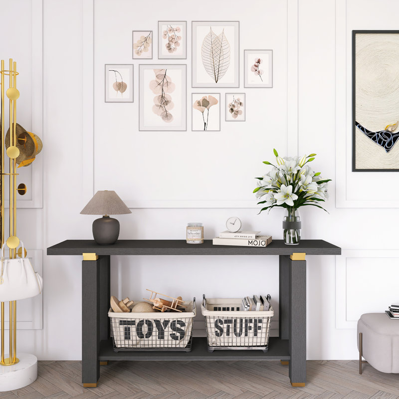 Console moderne minimaliste, canapé d'entrée en bois massif avec détails en métal, Noir