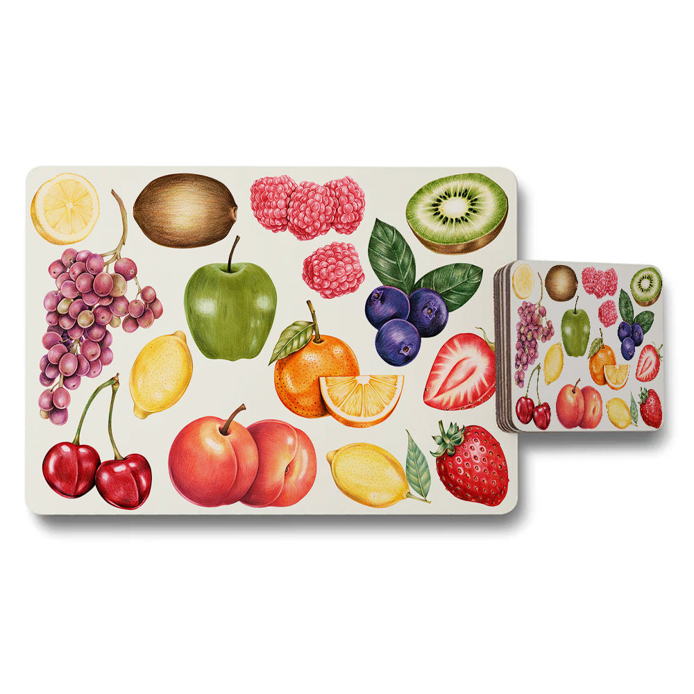 Fruit Pattern Placemats And Coaster Set With Colorful Fruit Design