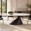 Table de salle à manger ovale moderne en pierre frittée avec dessus d'aspect marbre et pied central en acier inoxydable, idéale pour la cuisine et le salon.-3811356