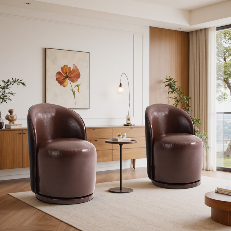 PU Leather Barrel Swivel Armless Dining Chair, Red Brown 