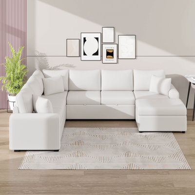 112" Pull-Out Sofa Bed Sleeper With Storage Ottoman, Sectional Sleeper Couch W/ 3 Pillows,2 USB Ports & 2 Power Sockets