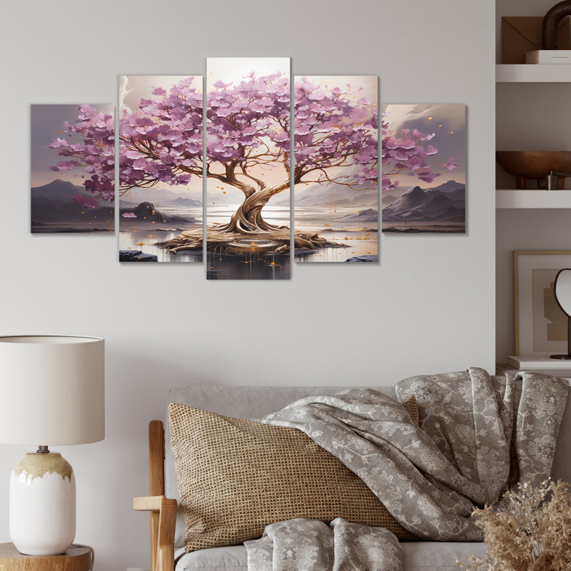 Arbre de fleurs de cerisier mauve au bord du lac I - Ensemble d'art mural multi-panneaux