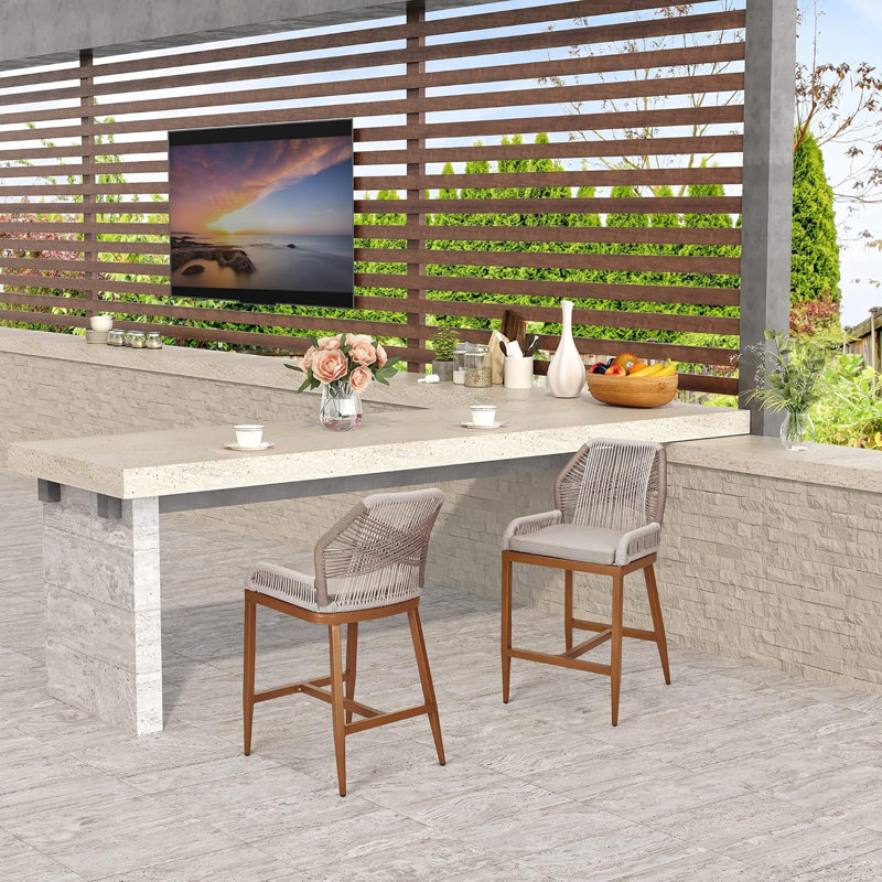 Gray and Brown Rope Woven Outdoor Bar Stools with Cushions