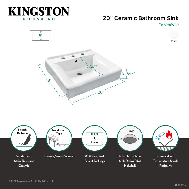 Kingston Brass Concord 20-Inch Ceramic Console Sink Basin (8-Inch, 3-Hole)