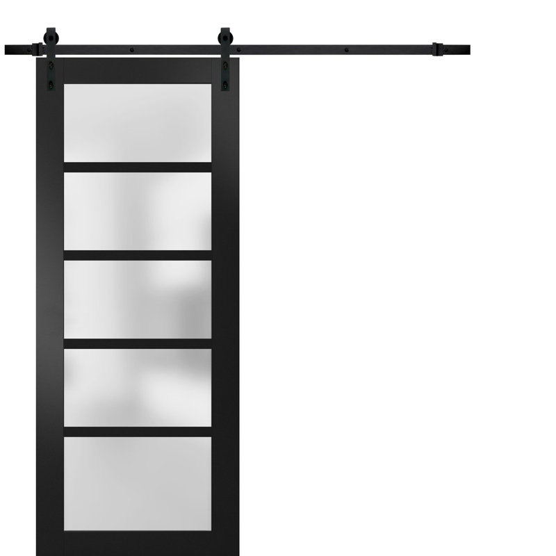 Matte Black Frosted Glass 5-Panel Barn Door Kit, 18 x 96 inches