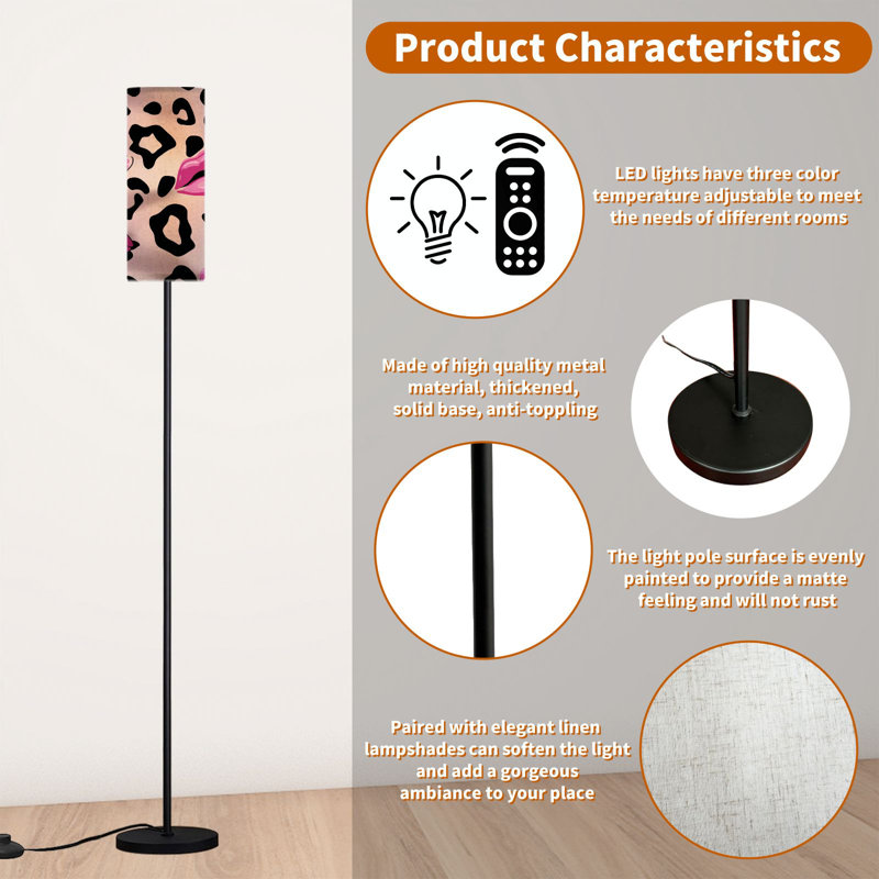  68.5" Standing Floor Lamp Leopard seamless abstract style hot pink Dimmable Metal Pole Lamp with Linen Lampshade LED Bulb Included