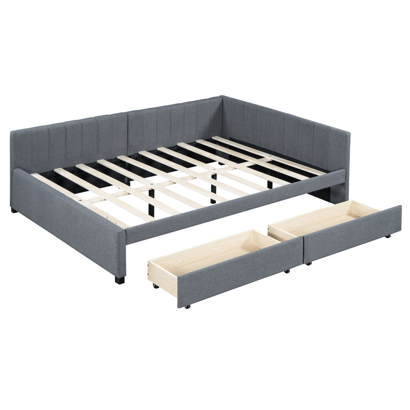 Lit de jour avec lin gris et 2 espaces de rangement, sans sommier. Cadre de lit robuste pour une chambre à coucher élégante avec espace de tiroir rembourré, endroit de repos confortable