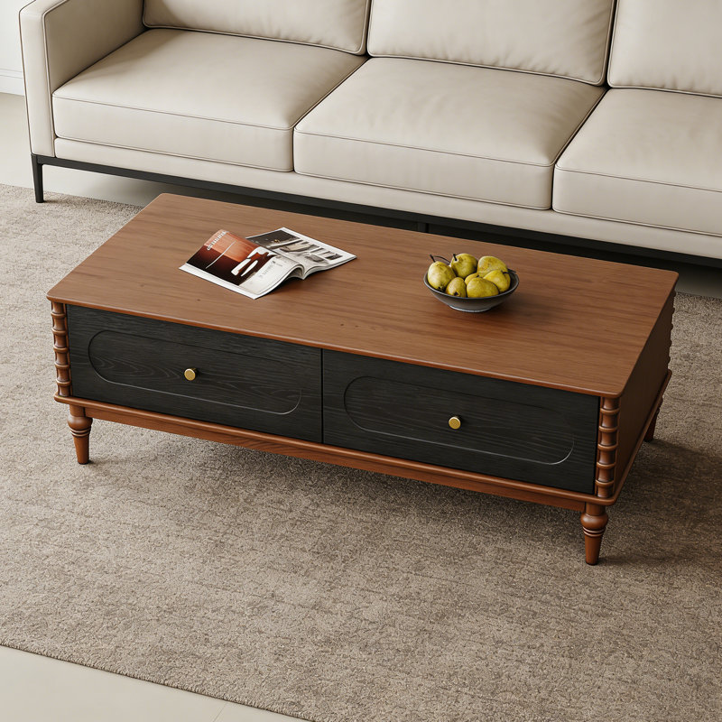 Table basse en chêne rouge avec plusieurs tiroirs, Brun
