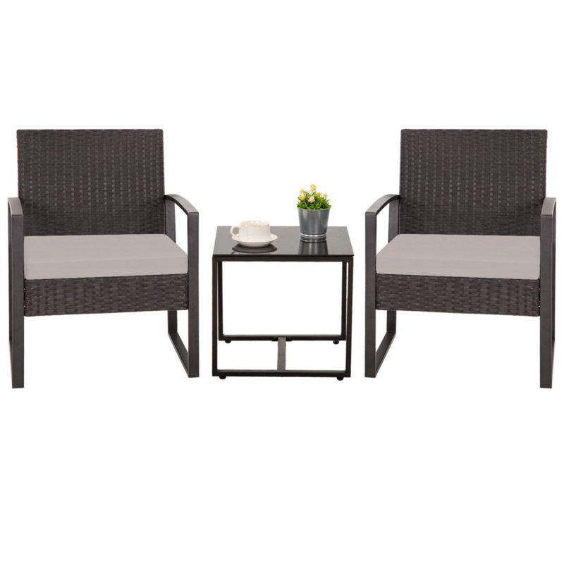 Ensemble de conversation d'extérieur en osier 3 pièces avec 2 coussins, table basse en verre, Gris, Noir, noir, noir, noir