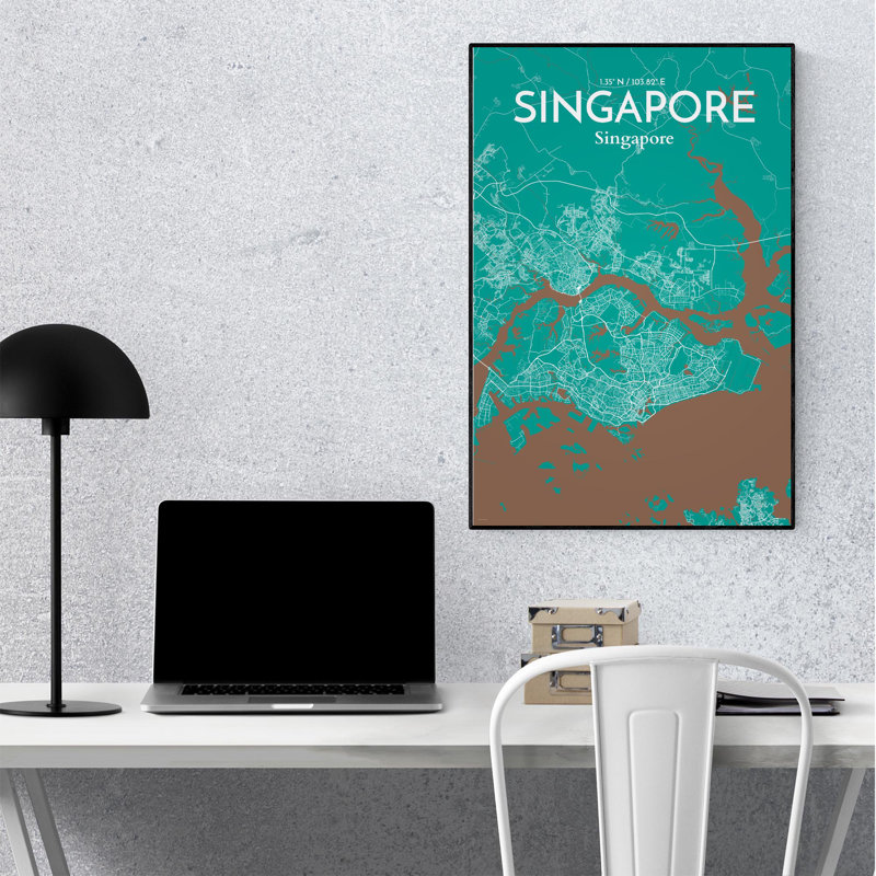 Carte de la ville de Singapour, impression, H 36 po x l 24 po, Vert / Brun
