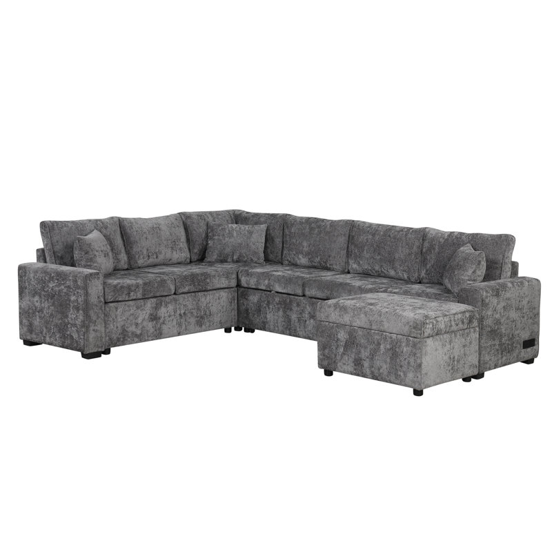 Grey 112.2" Sectional With Pull-Out Bed, Charging Sockets & For Living Space In Storage Functions Area, Gray Chenille