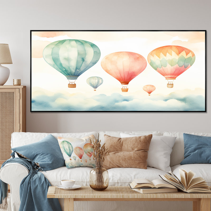 Vert et rouge, aquarelle, montgolfière Horizon I - montgolfière, art mural, H 12 po x l 20 po x P 1 po, Cadre flottant noir