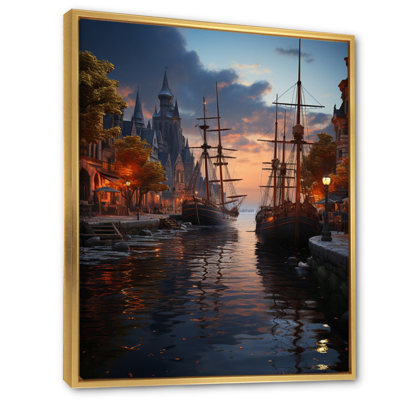 Helden, Allemagne, vue sur le port, H 40 po x l 30 po x P 1,5 po, Cadre flottant doré