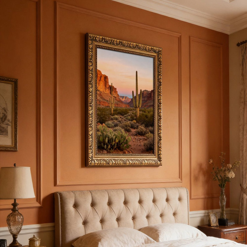 Désert coucher de soleil avec cadre mural rétro - cadre décoratif doré pour art., L 20 po x l 30 po