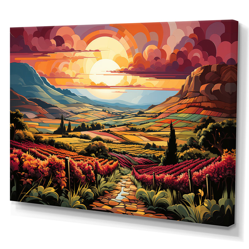 «Vineyard Sunset Rows Of Ruby Landscape II», reproduction sur toile, H 34 po x l 44 po x P 1,5 po, Toile tendue