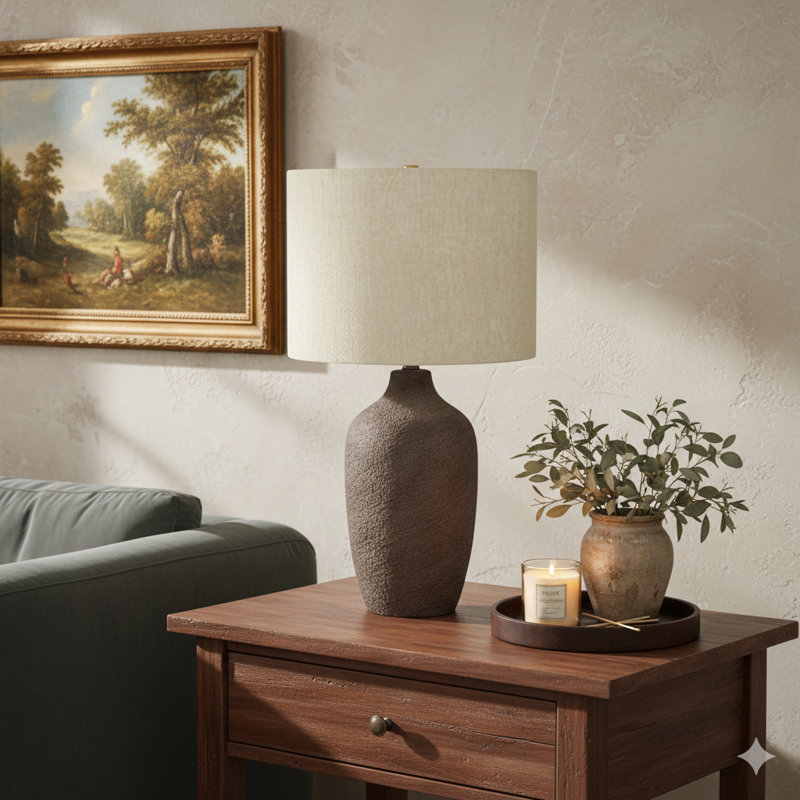 Lighting, H 27 po, lampe de table, céramique grise, abat-jour beige, contemporain