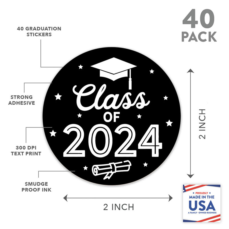 2024 autocollants de graduation, rouge, cadeaux de fête, paquet de 40 en vrac, 2 pouces, Noir / blanc