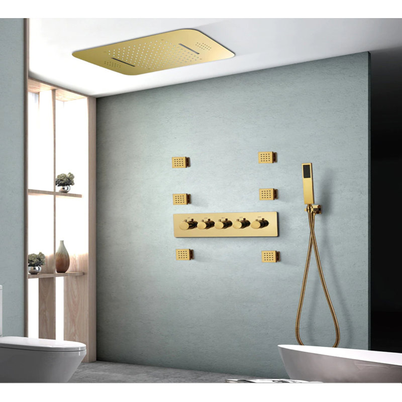 Système de douche à DEL 5 lumières brossées avec contrôle à cristaux liquides brossé 23 po x 15 pi