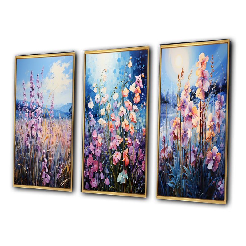 «Purple Orchids Field Pointillism Dot», 3 pièces sur toile, Cadre flottant doré, H 28 po x l 36 po