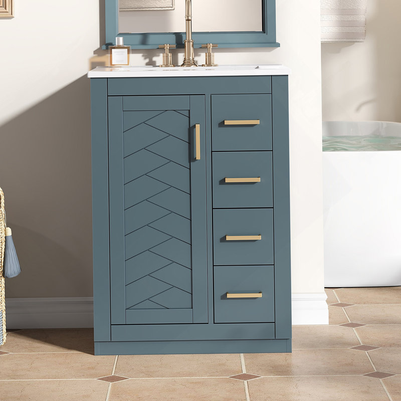 Meuble-lavabo bleu 24 po avec lavabo intégré en céramique, 3 tiroirs et 1 porte pour les petites et moyennes salles de bain