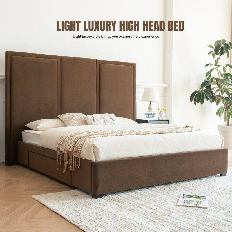 Morghen Upholstered Platform Bed With Extra High Headboard And 2 Extra Large Capacity Drawers, King, Brown