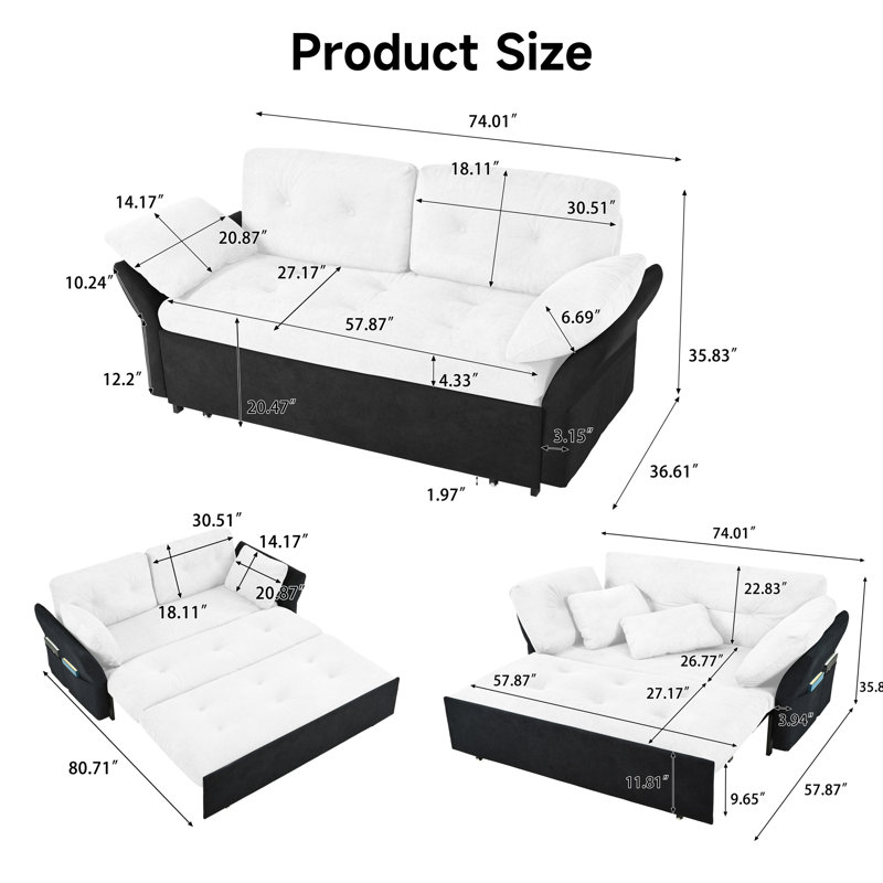 Convertible Pull Out Sofa Sleeper with  Side Storage, White Chenille