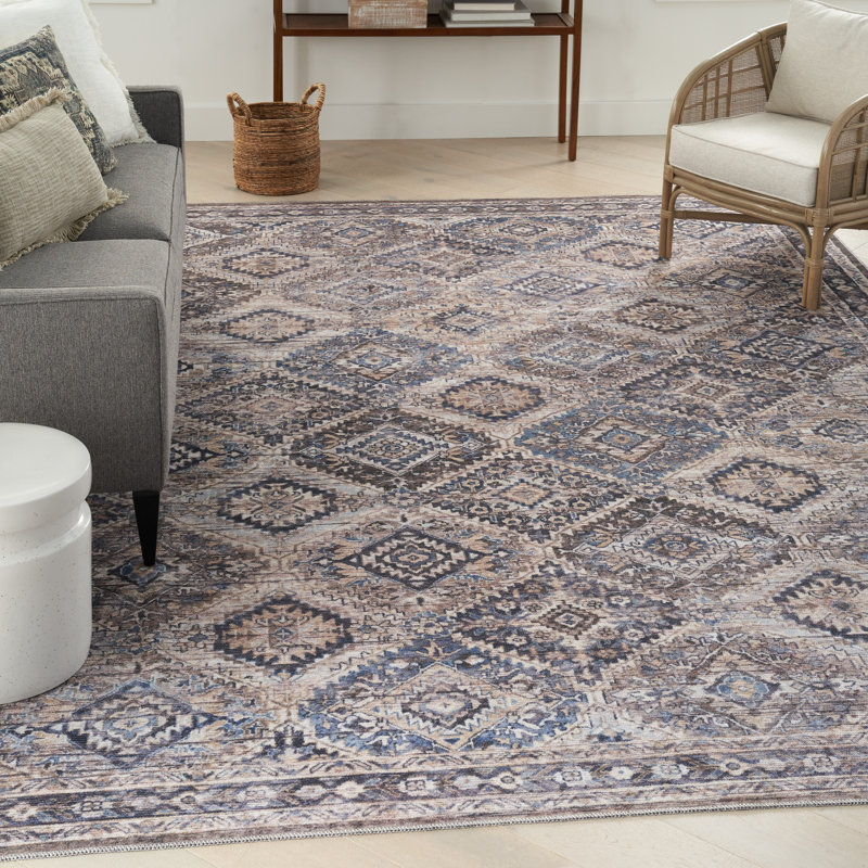 Machine Washable Southwestern Ivory/Gray/Latte Brown Area Rug, Rectangle 7'10" x 9'10"