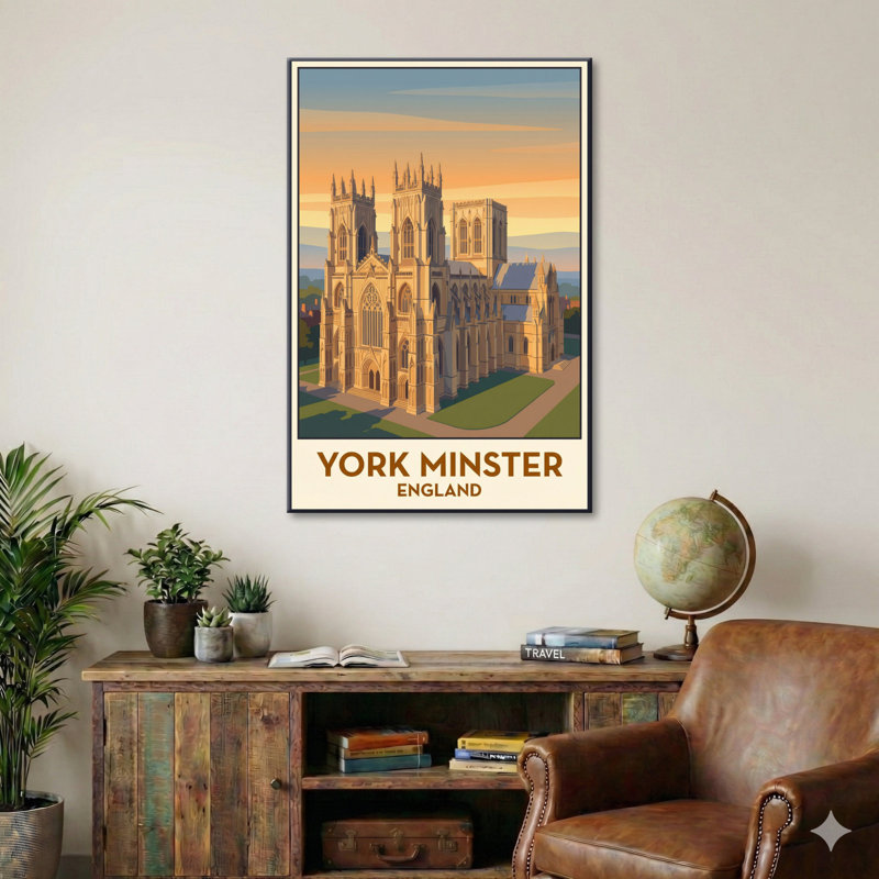 York Minster, England - Sunlit Gothic Romance Travel Poster. Giclee Print on Wrapped Canvas. Wall Art, Home Decor - Religious & Cultural Sites, England 1 Piece Wrapped Canvas Wall Art