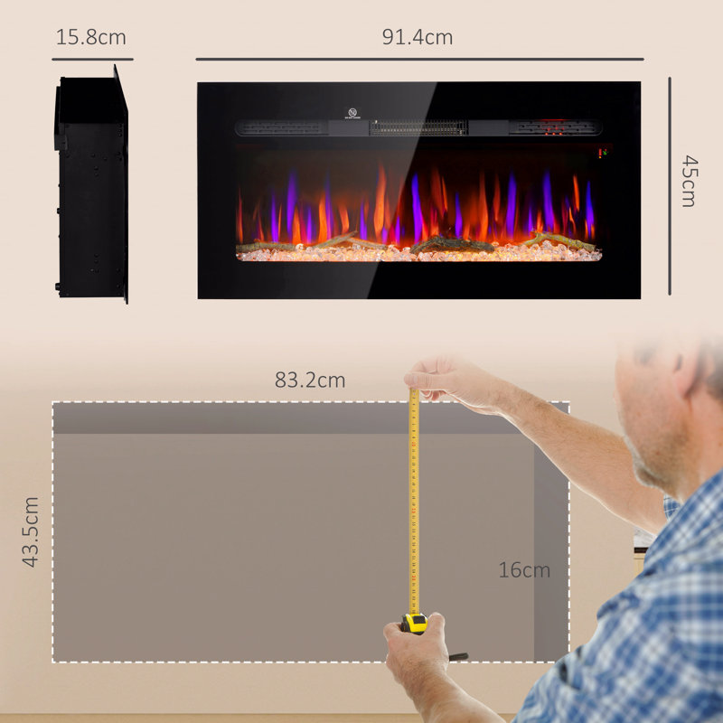 36" Electric Fireplace, Recessed And Wall-Mounted With Remote Control, 1500W Fireplace Heater With 8H Timer, Adjustable Flame Color And Brightness, Log And Crystal