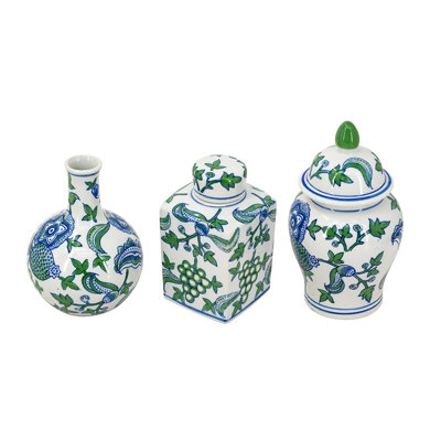 Set Of 3 Handcrafted Porcelain Ginger Jars With Cherry Blossom Motif, Elegant Decorative Vases For Timeless Home Styling And Versatile Interior Accent.
