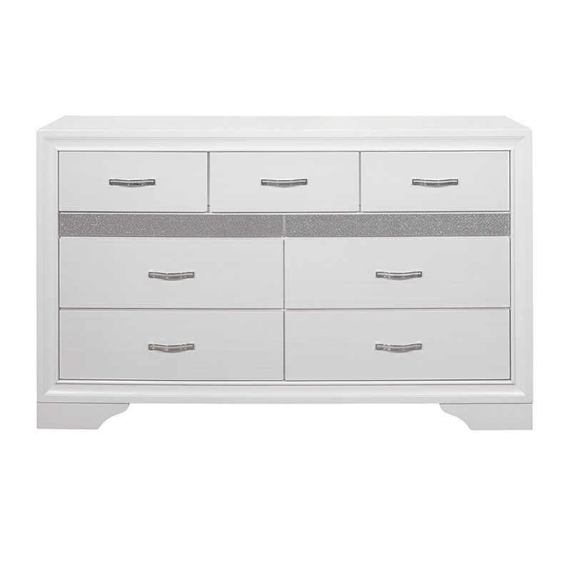 Keaisha 9 Drawer Dresser, White/Silver Glitter