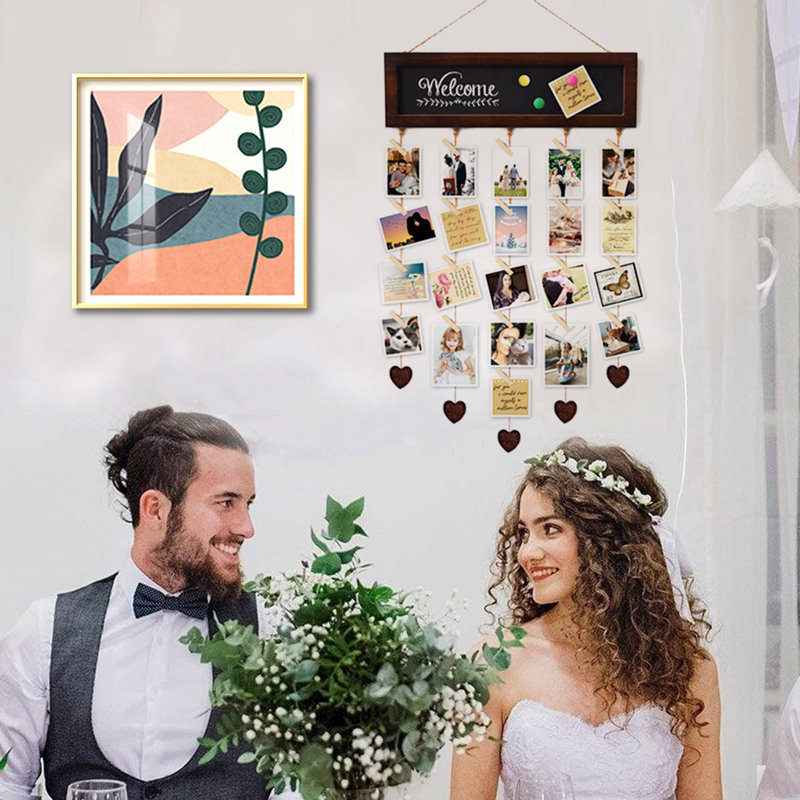 Picture Frames Collage Display Board With 30 Clips - Multi Photos Cards Organizer With Adjustable Twines And Magnetic Blackboard - 15.7X5 Inches