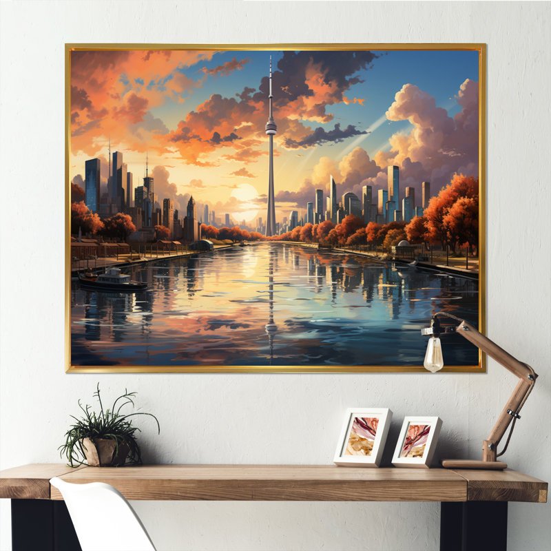 «The Canadian City From Water» sur toile, Cadre flottant doré, H 12 po x l 20 po x P 1 po