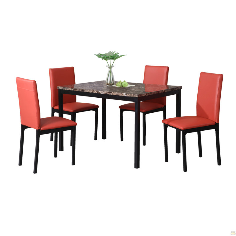 5-Piece Metal Dinette Set With Laminated Faux Marble Top, 4 Red Chairs, Red