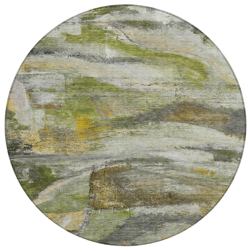 Machine Washable Indoor/Outdoor Xhevrie Olive Rug, Round 8'