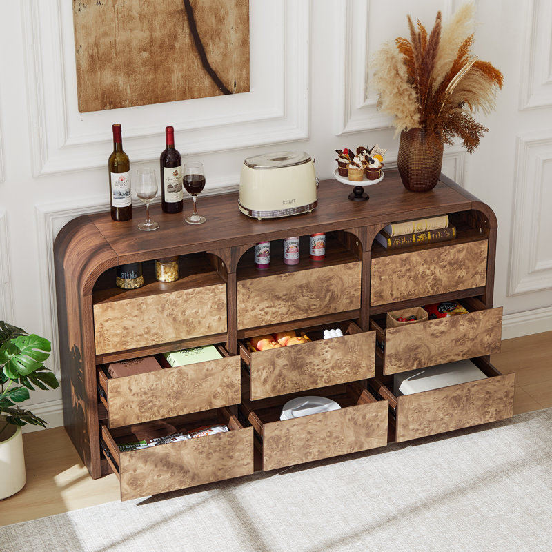 59'' W 9 Drawer Burl Wood Dresser, Walnut