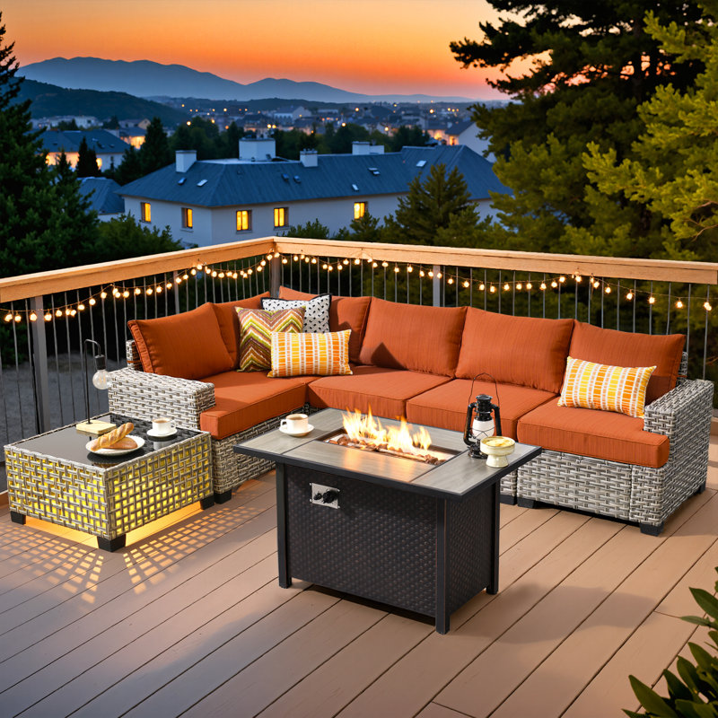 4 - Person Rattan Outdoor Seating Group With Cushions And Fire Pit Table, Orange Red