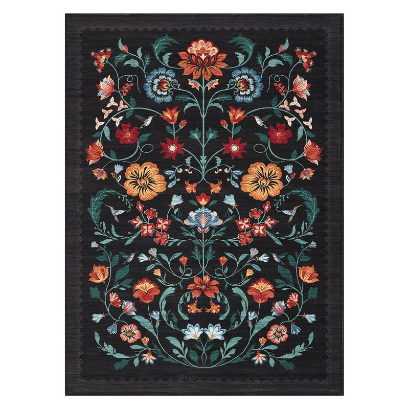 Floral Machine Washable Rug Non-Slip Farmhouse Floor Cover, Stain-Resistant Low Pile Indoor Carpet Mat for Living Room