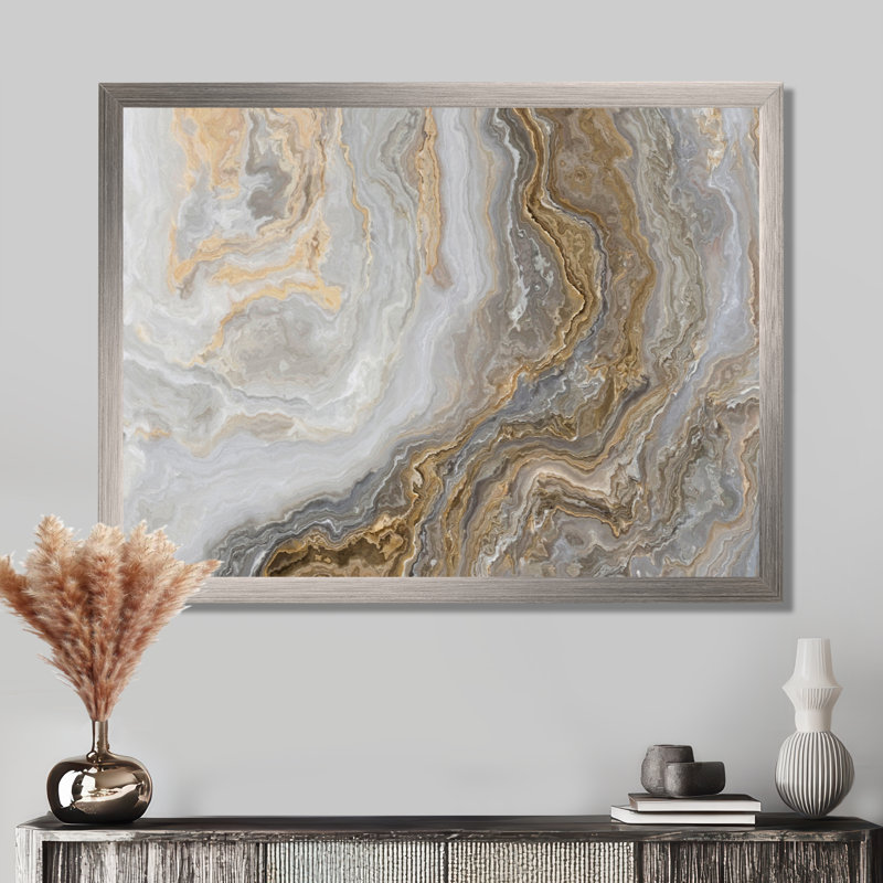 Art mural en marbre - marbre blanc avec veines de gris Curley et or - reproduction d'art sur toile, H 24 po x l 32 po