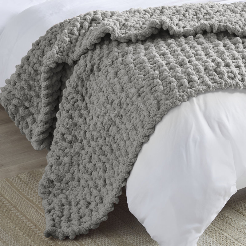 Gray Chenille Chunky Knit Handmade Throw Blanket