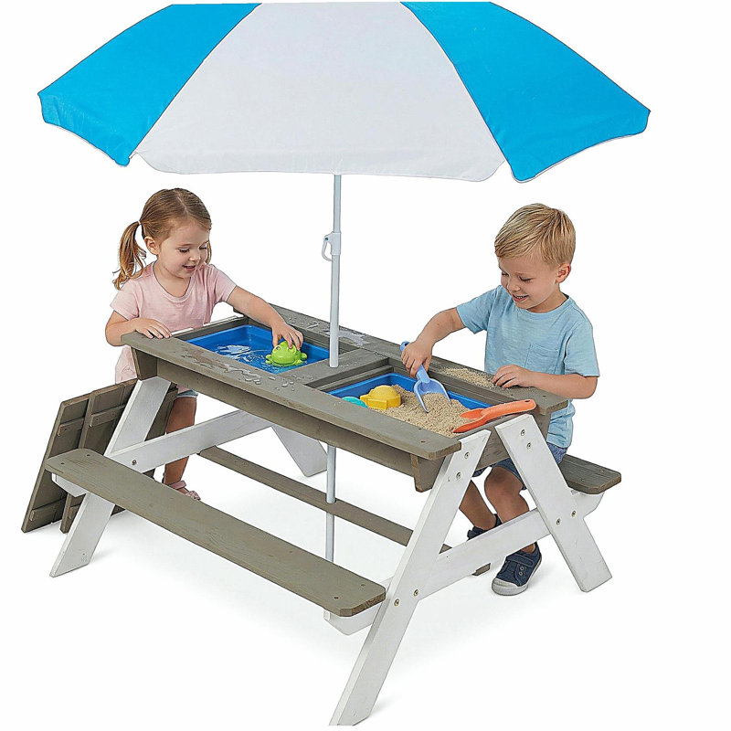 Table de pique-nique en bois pour enfants, table de sable et d'eau avec parasol, table d'activités pour jouer sur la terrasse