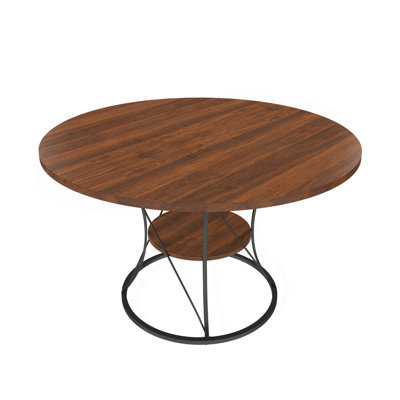 43 inch Round Dining Table for 4-6, Expandable Farmhouse Kitchen Table with Storage Shelf & Metal Base, Brown & Black Extendable Wood Table from 43 to