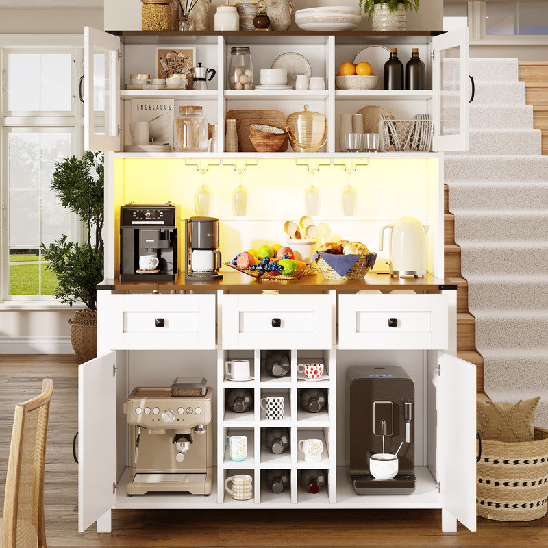 Kitchen Cabinet with 4 Doors & 3 Drawers, USB Ports & Power Outlets, LED Light Strip, Modern Sideboard for Living Room Storage