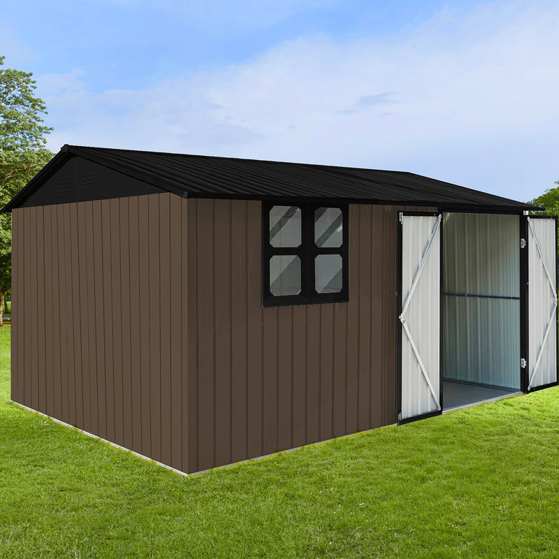 Remise de jardin en métal, remise avec fenêtre, tablettes pour l'extérieur, Brun